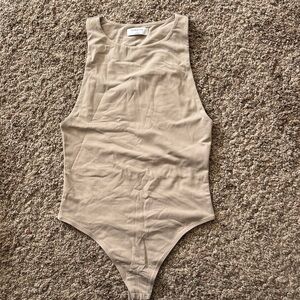 Babaton Neutral Tan Ribbed Crewneck Bodysuit